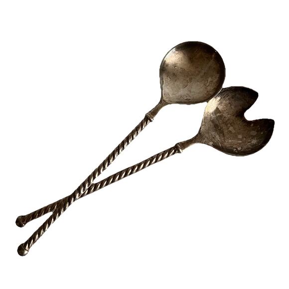 Vtg E.P. Zinc Italy Serving Spoon Fork Salad Set Twisted Handles 9.5” Unaltered - Picture 1 of 8